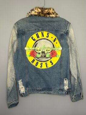 Guns N' Roses Denim Jacket Womens‎ M Blue Leopard Faux Fur Collar Distressed GNR